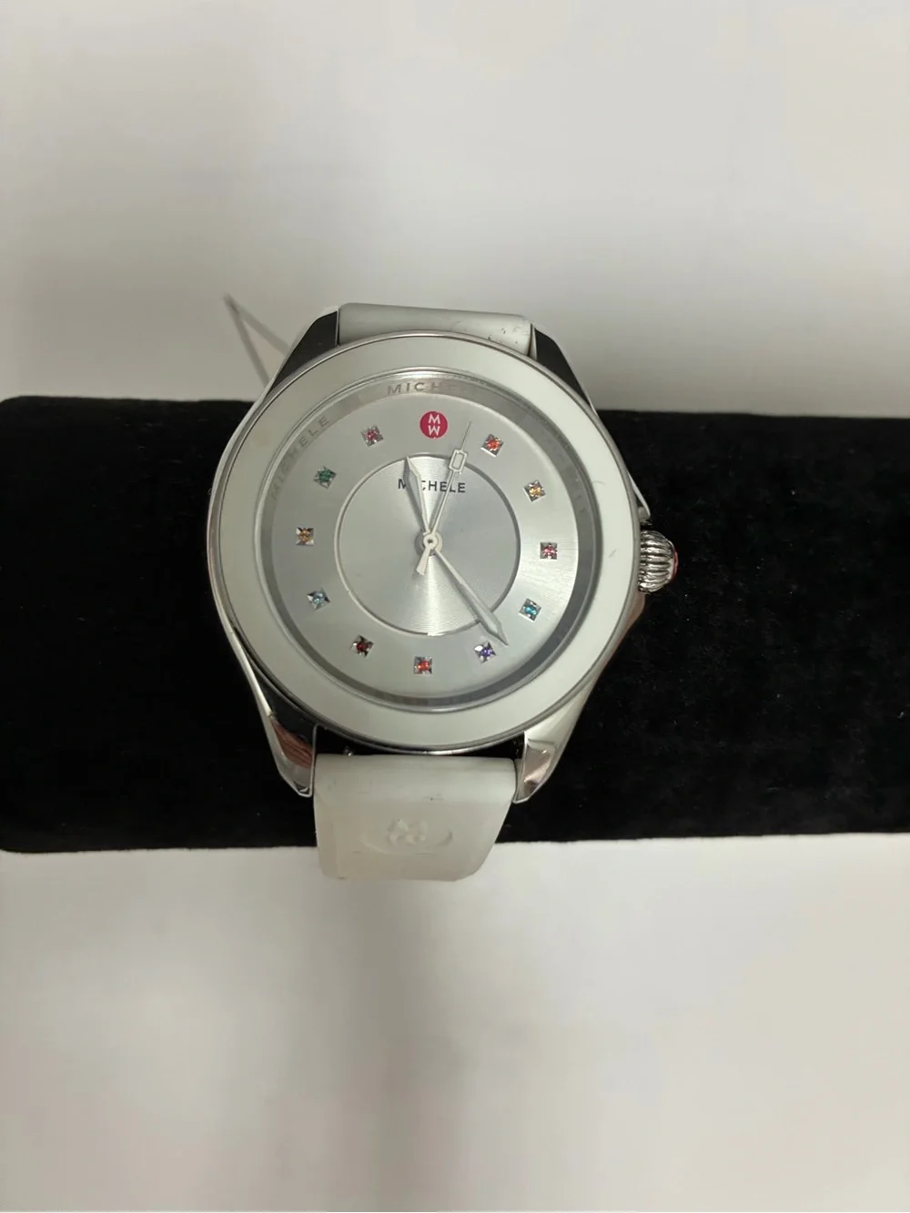 Michele White Silicone Strap Watch with Multicolor Topaz Markers